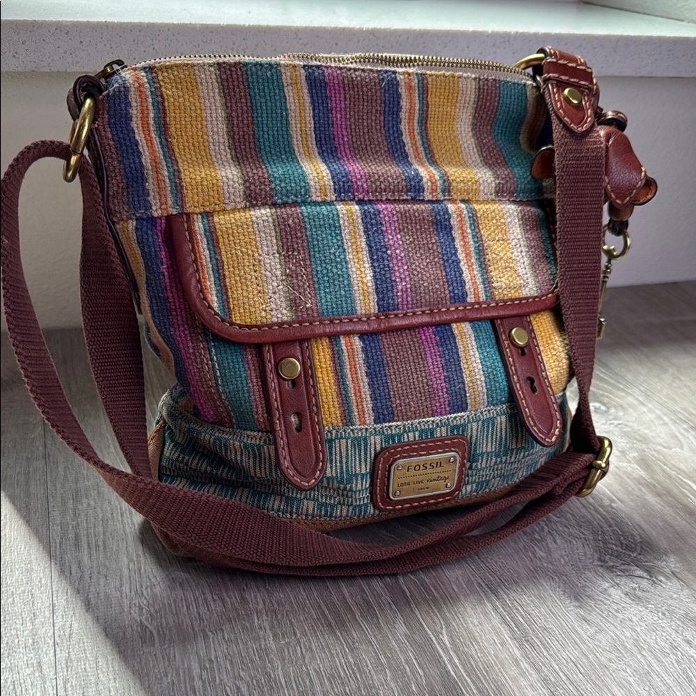 Fossil Brown and Yellow Crossbody Bag with Leather Trim